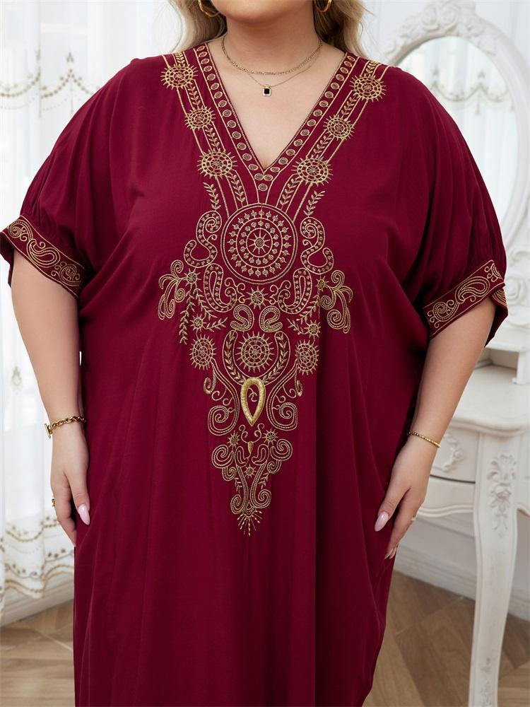 EDOLYNSA Golden Embroidered Plus Size Red Kaftan Dresses for Women Cozy V-neck Half Sleeve Beachwear Swimsuit Cover Up Loose Caftan