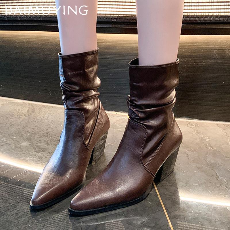 Ботильоны со складками, острый нос, толстый каблук средней высоты, зимняя женская обувь 2025 года, трендовые дизайнерские классические готические туфли-лодочки Chelsea Botas Mujer