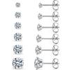 6 Pairs Stud Earrings Set, Hypoallergenic Cubic Zirconia 316L Earrings Stainless Steel CZ Earrings 3-8mm (Steel color)