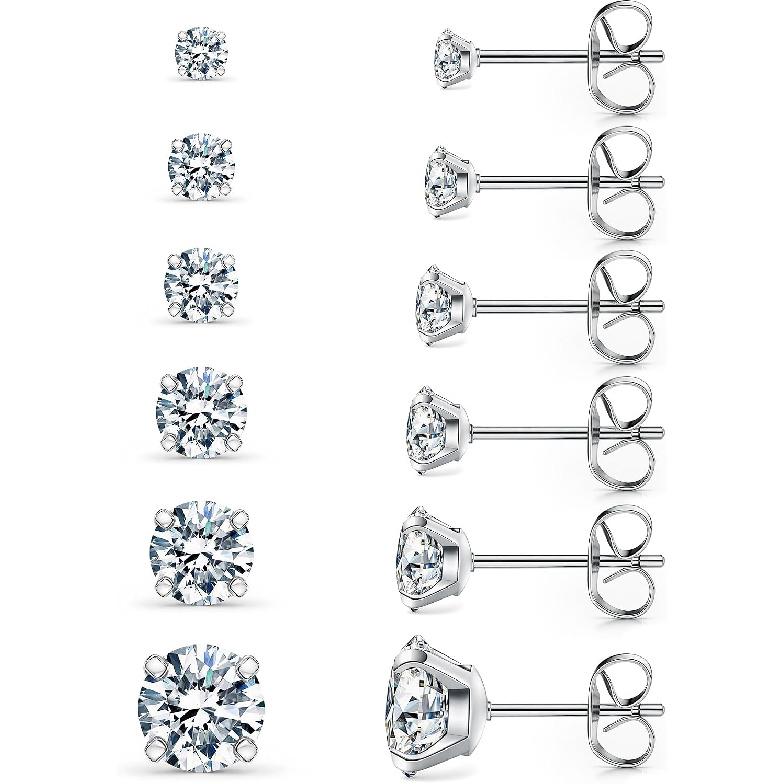 6 Pairs Stud Earrings Set, Hypoallergenic Cubic Zirconia 316L Earrings Stainless Steel CZ Earrings 3-8mm (Steel color)