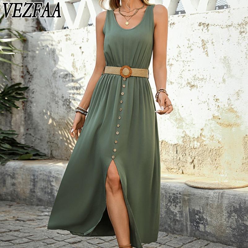 VEZFAA Women's Fashion Summer Spring Solid Color Print Sleeveless U-Neck High Waist Casual Dresses