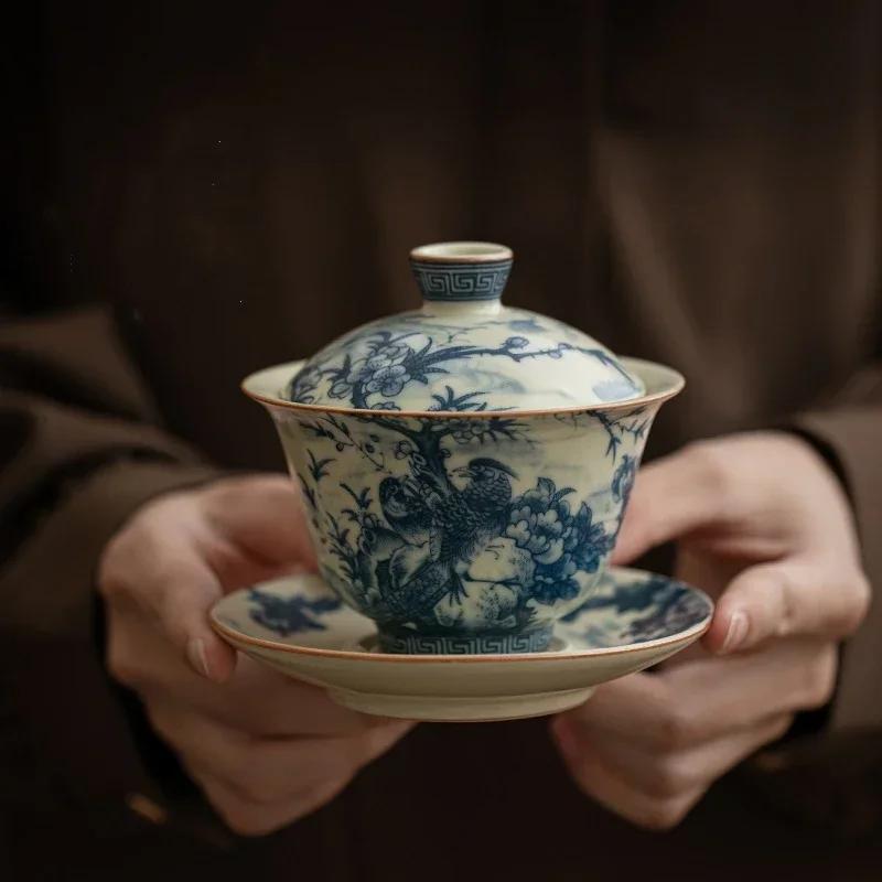 Птицы Жу Яо Фарфор Гайвань Набор Для Чайной Супницы Чайная Посуда Чашка Китайские Голубые Пиалы Чаван Набор Для Чайной Церемонии Дэн'С