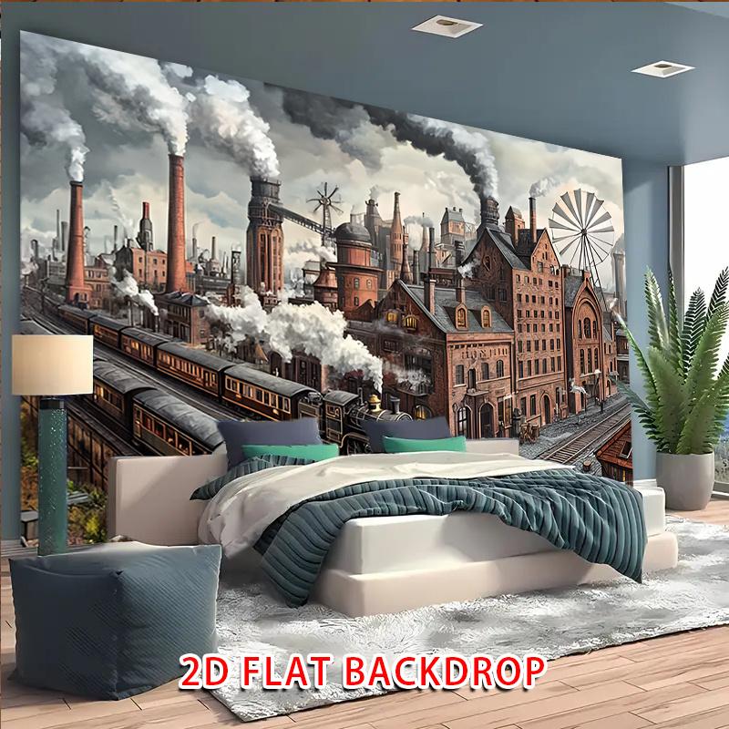 1pc Industrial Revolution Theme Party Decoration Banner, Brick Factory Buildings with Smoking Chimneys and Steam Train Design, for Wedding Birthday