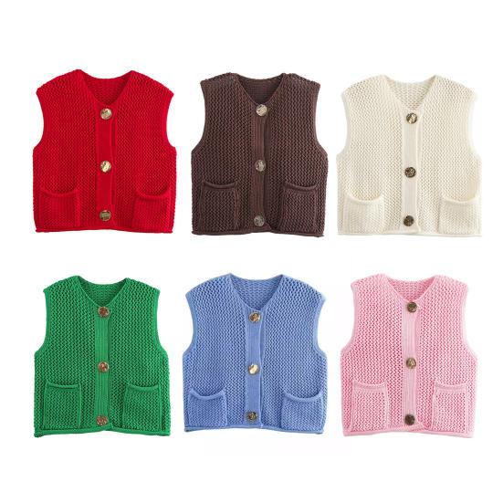 Женский вязаный жилет с V-образным вырезом, без рукавов, однобортный, с карманами, вязаный жилет, универсальный однотонный трикотаж