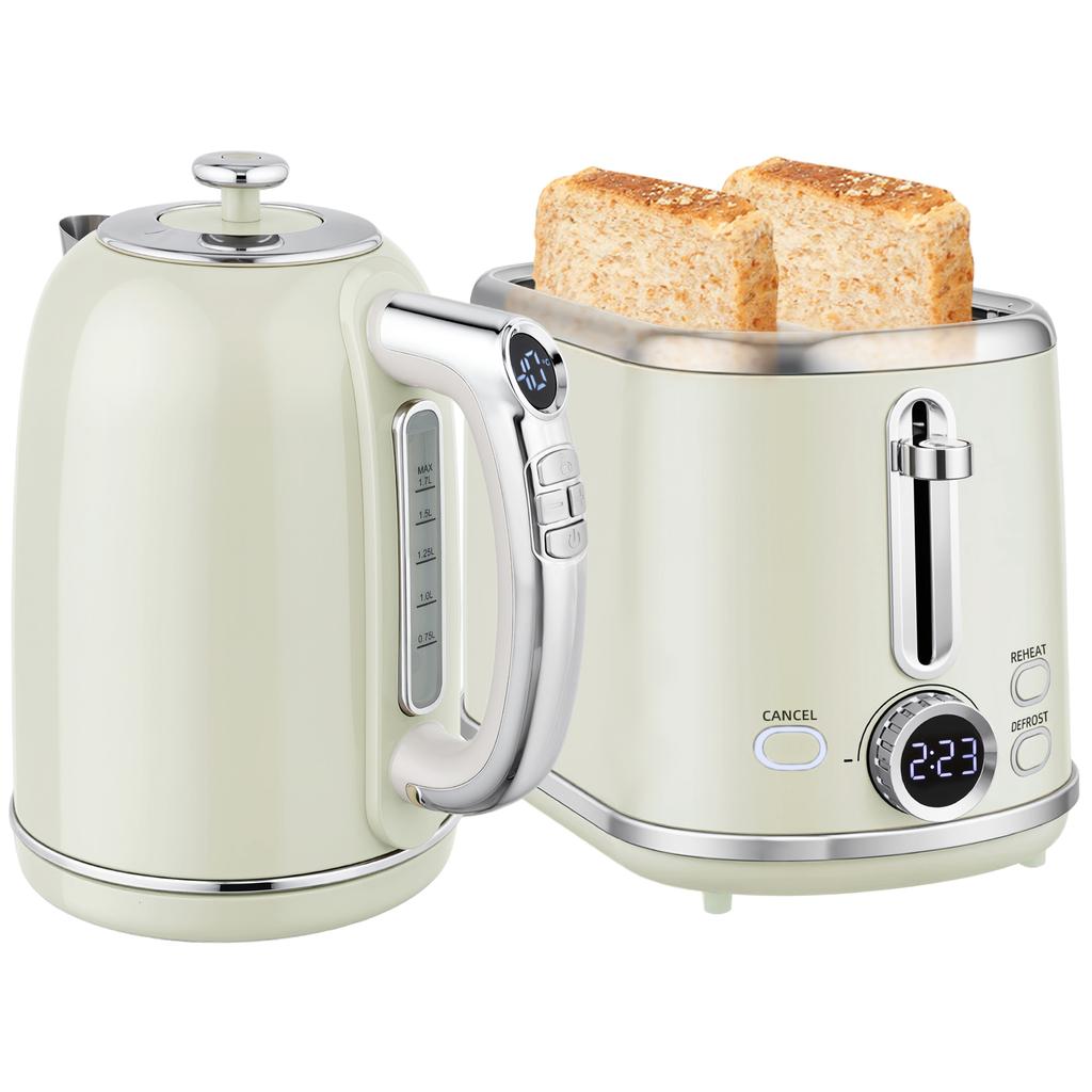Polished Retro 40-100 degrees C Kettle and Toaster Set - Grey