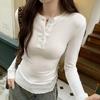 Right Shoulder U-neck Half-breasted Threaded Bottoming Shirt for Women Spring and Autumn New Style Right Shoulder Long-sleeved T-shirt