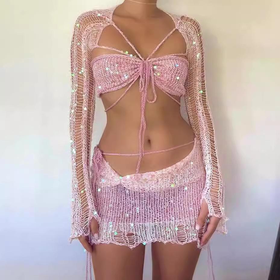 Комплект Топ из трикотажа с пайетками и облегающая мини-юбка в стиле кэжуал