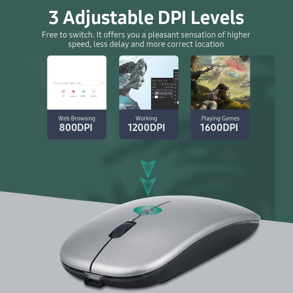 2.4G BT 5.0 Беспроводная тонкая перезаряжаемая мышь с меньшим уровнем шума, 3 регулируемых разрешения, 7-цветный дыхательный светильник