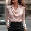 Women Shirt Lapel Swing Collar Long Sleeve Casual Loose Fit Shirt Solid Color Versatile Smooth Satin Shirt Daily Wear