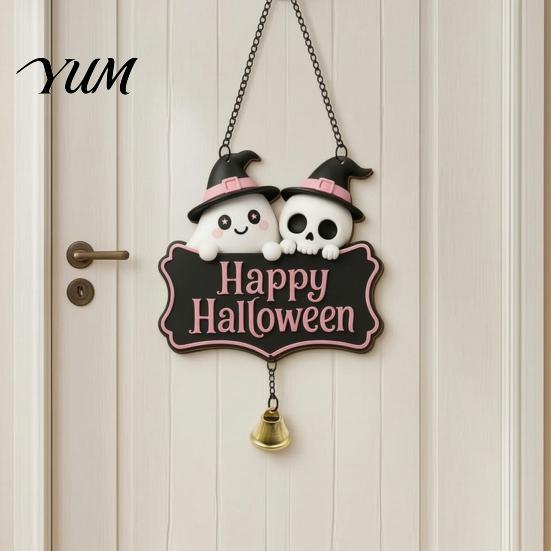 Festive Entrance Hanging Bell Halloween Cute Witch Hat Ghost Door Sign, Wooden Decoration, Decorative Skull Doorbell Pendants for Indoor Outdoor Home