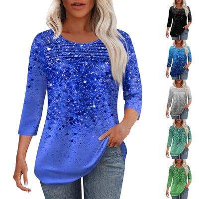 Женская мода круглый вырез горловины плиссированная передняя планка топ рукав 3/4