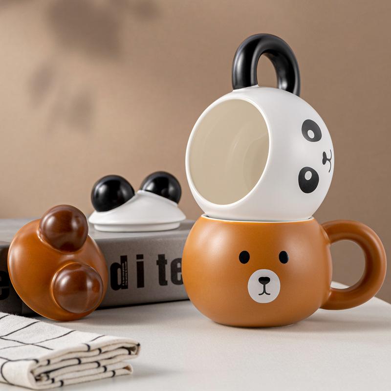 Новая мультяшная кружка-медведь с крышкой, офисная керамическая чашка высокой ценности, кофейная чашка для дома, для пары