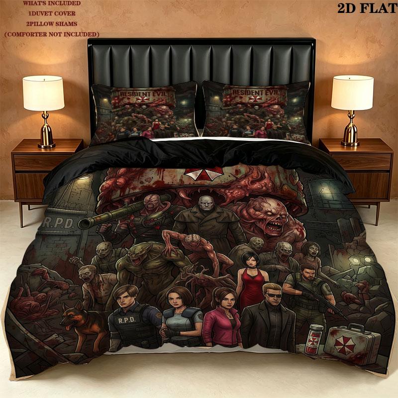 Resident Evil Pattern Bedding Quilt Set Quilt Cover Pillowcase Home Birthday Gift(1 * duvet cover + 2 * pillowcase, without core)