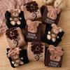 Women's Cute Cartoon Bear Mid-Calf Socks, Cotton Feather Yarn, Thick and Cozy, Black Japanese Style.
