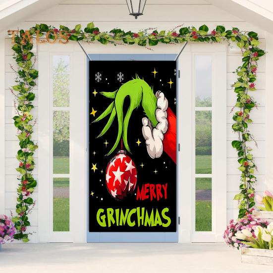 1 комплект гобеленов для гаражных ворот с 4 застежками-лентами в рождественском стиле с принтом Гринчи из мультфильма, создающий праздничную атмосферу для украшения фона для новогодней вечеринки