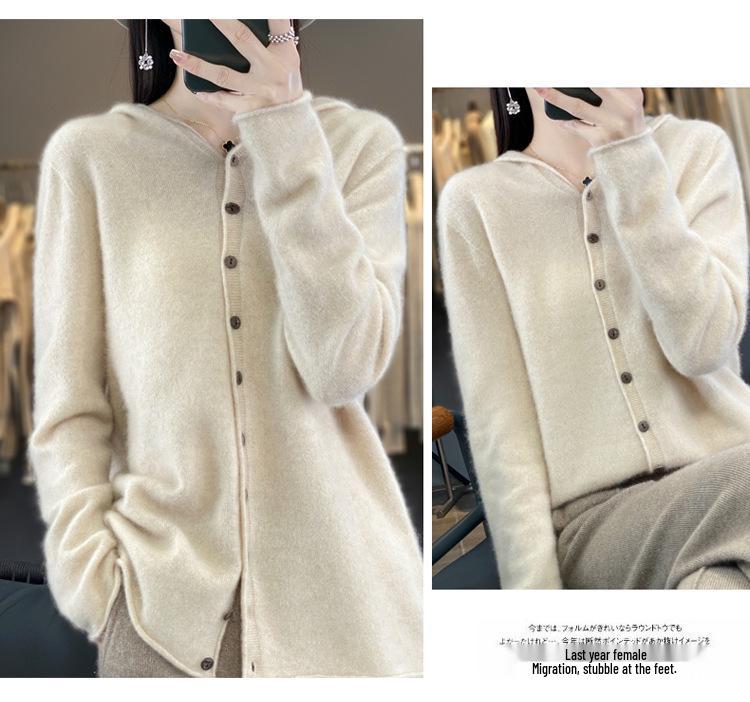 Women's 100% Wool Hooded Cardigan - Versatile Autumn/Winter Pure Color Knit Jacket