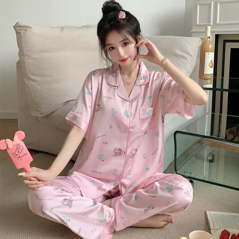 Ice Silk Pajamas Female Cute Wind Bear Summer High-End Cartoon Short-Sleeved Trousers Loungewear