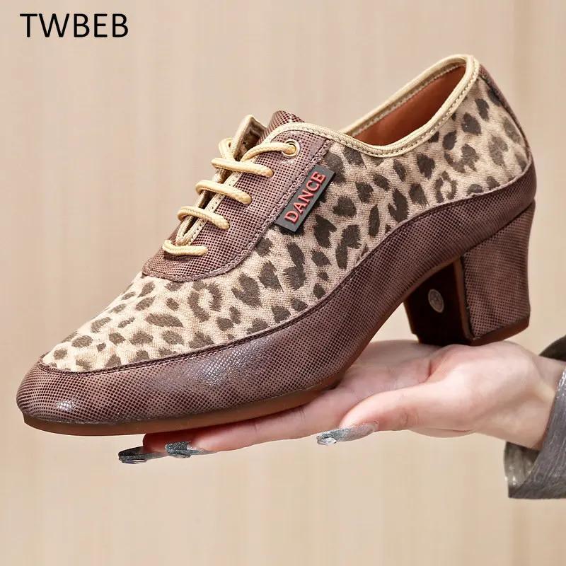 Women Ballroom Dance Shoes Leopard Print Middle Heel Ladies Women Latin Dance Shoes Jazz Tango Teacher Dancing Shoes