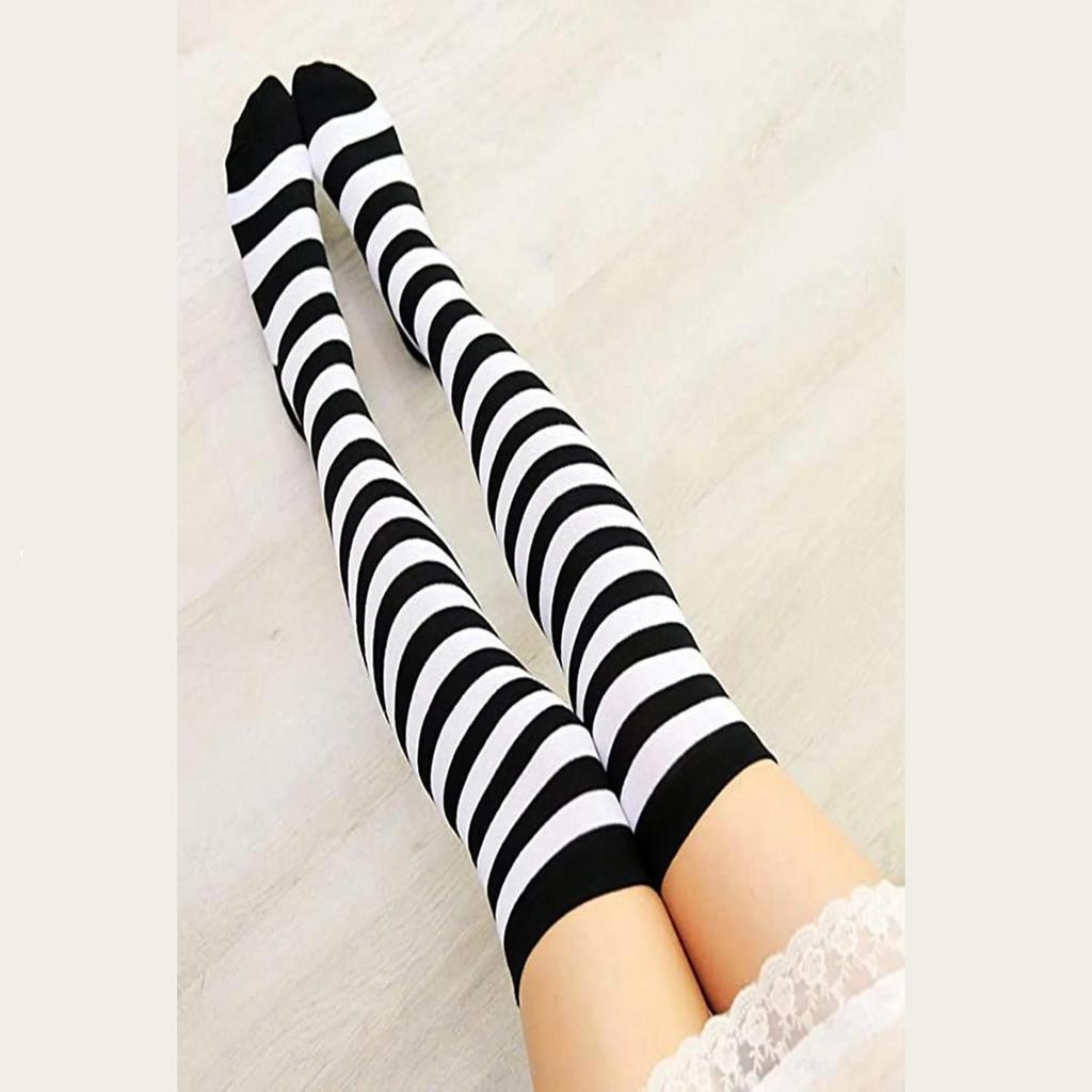 Women's Black and White Striped Cotton Knee High Socks