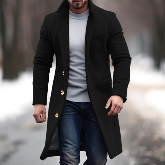 Мужское шерстяное пальто с лацканами, длинный рукав, однобортная куртка, пальто с карманами, однотонный цвет