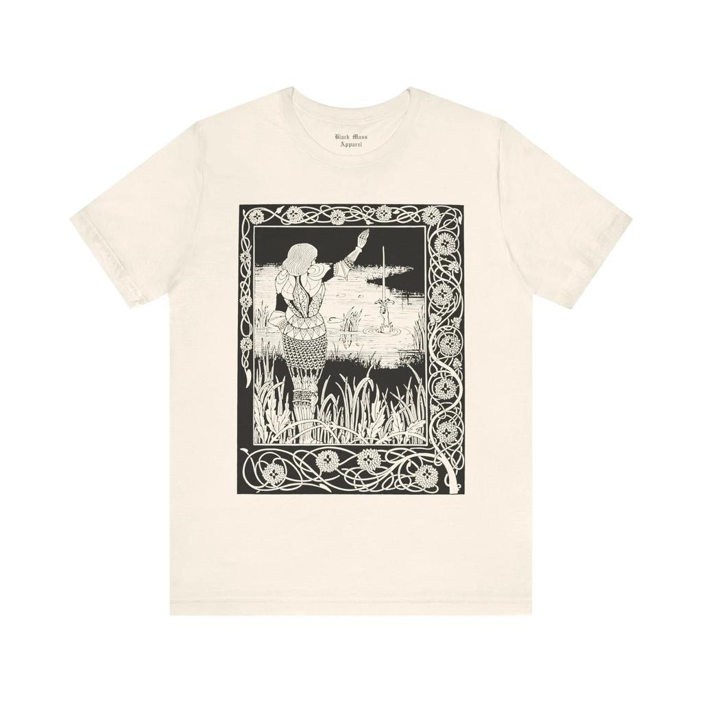 Экскалибур в озере, футболка Обри Бердслея, винтажная футболка с искусством, рисунок тушью, футболка с коротким рукавом Джерси в стиле ар-нуво с королем Артуром