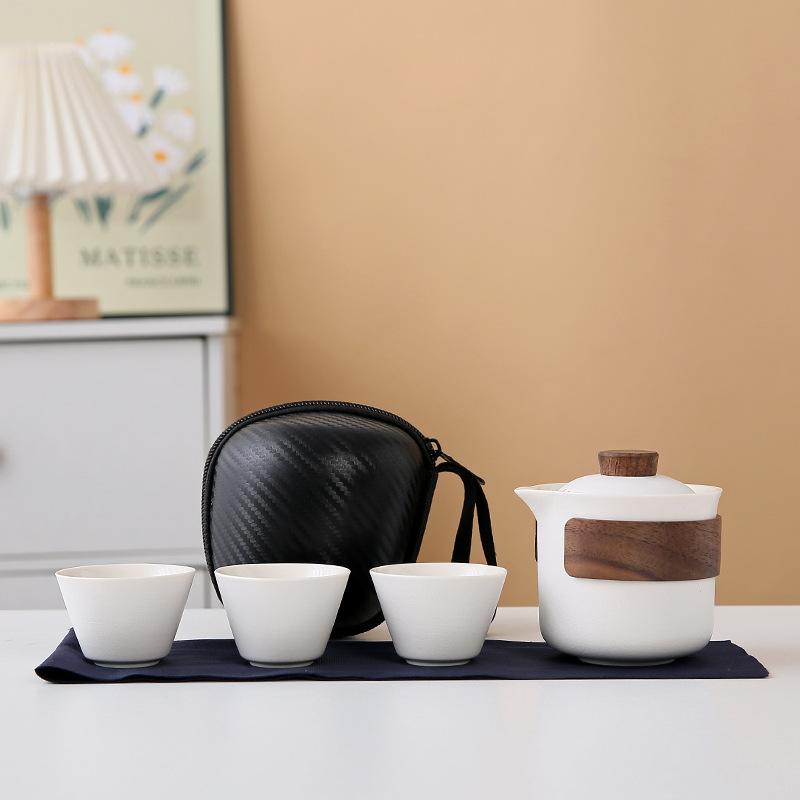Ceramic coarse pottery portable travel tea set, small outdoor express cup souvenir business gift