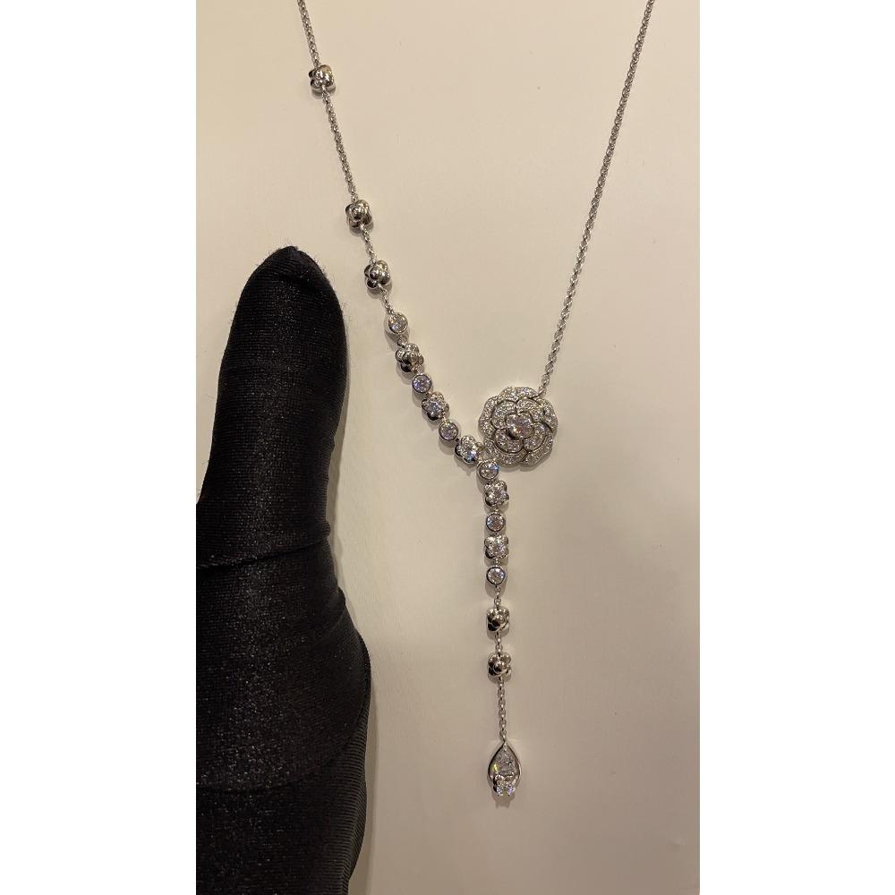Tassel Camellia Necklace Female, Light Luxury Full Diamond Flower Pendant Water Drop Long Sweater Chain