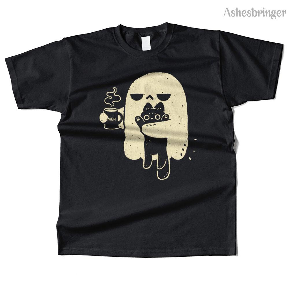 Unisexs Cotton Cute Ghost Holding Cat Graphic High Quality T Shirt Street Casual Style Tee for Unisex and Women