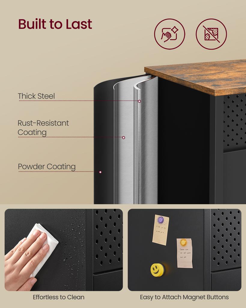 SONGMICS Storage Cabinet, Metal Cabinet, Sideboard with 2 Doors, Magnetic Closure, Adjustable Shelves, Steel Frame, Rustic Brown and Matte Black U