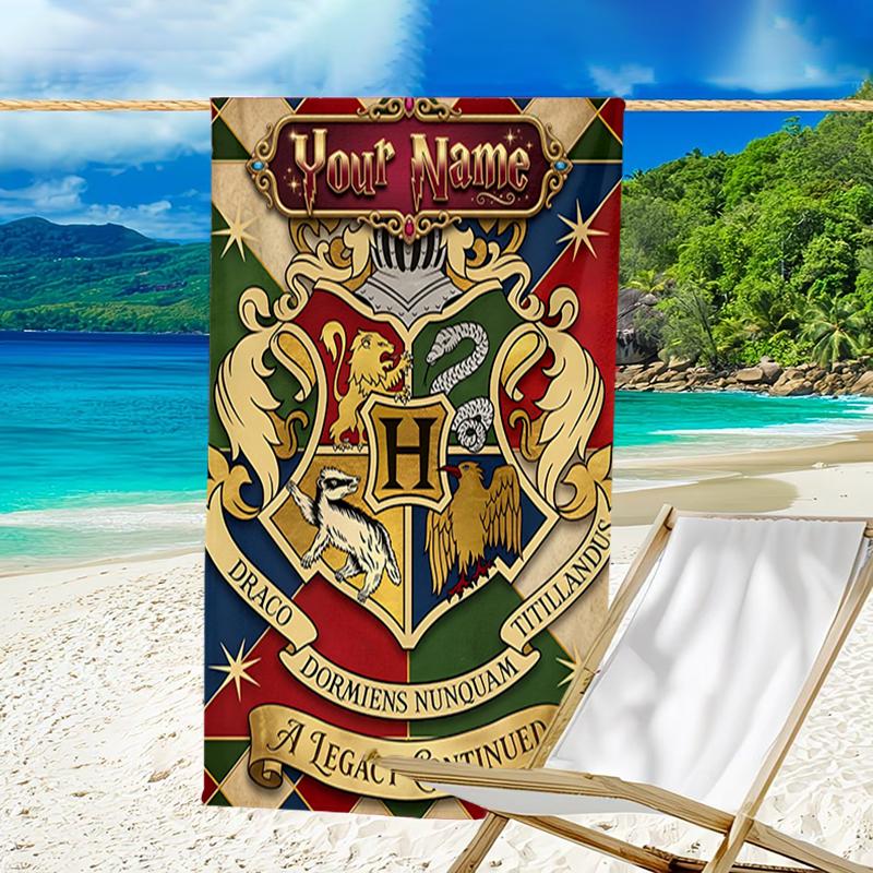 1pc Hogwarts Beach Towel with Custom Name, Beach and Seaside Swimming Pool Equipment, Fashion Pattern, Rectangular, Travel Essential