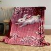 White Rabbit and Cherry Blossoms Patterned Blanket, Flannel, Suitable for All Seasons, Home Decor, Warm and Cozy