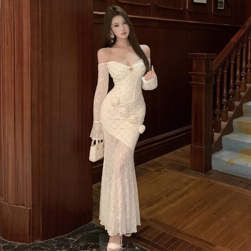 Французское чистое желание облегающее платье-труба с кружевом и объемными цветами