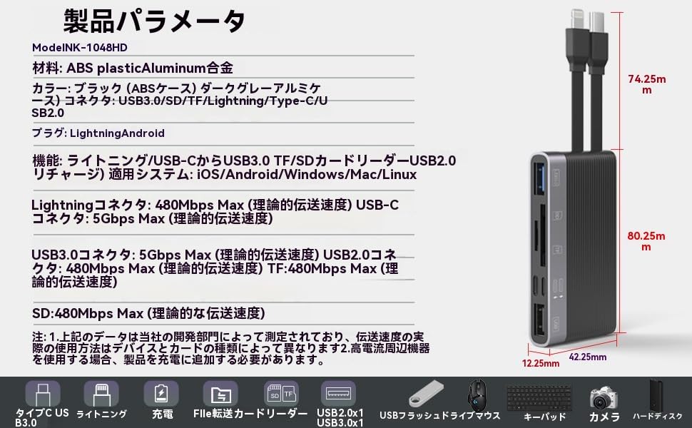 USB-C - Lightning кардридер для SD-карт (6-в-1) Адаптер-кабель для зарядки iPhone 16, 15, 14, двойной порт USB 3.0/2.0, Micro SD, TF, передача флэш-памяти,