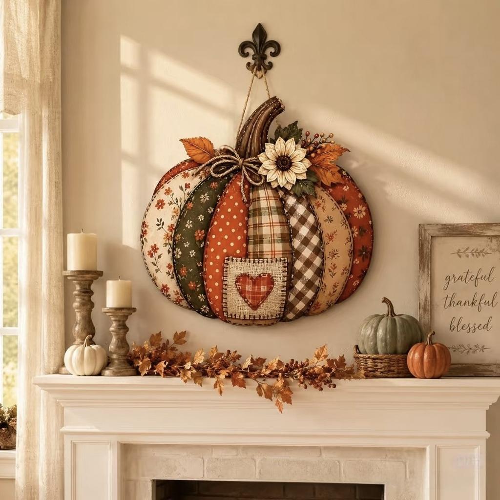 Halloween Autumn Pumpkin Wooden Hanging Ornament Vintage Plaid Floral Patchwork Wood Sign Rustic Farmhouse Halloween Craft Decor