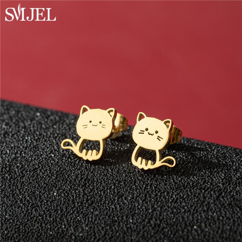 New Funny Happy Kitty Stud Earrings for Girls Fashion Cute Animal Cat Earings Silver Color Kitten Jewelry Wholesale