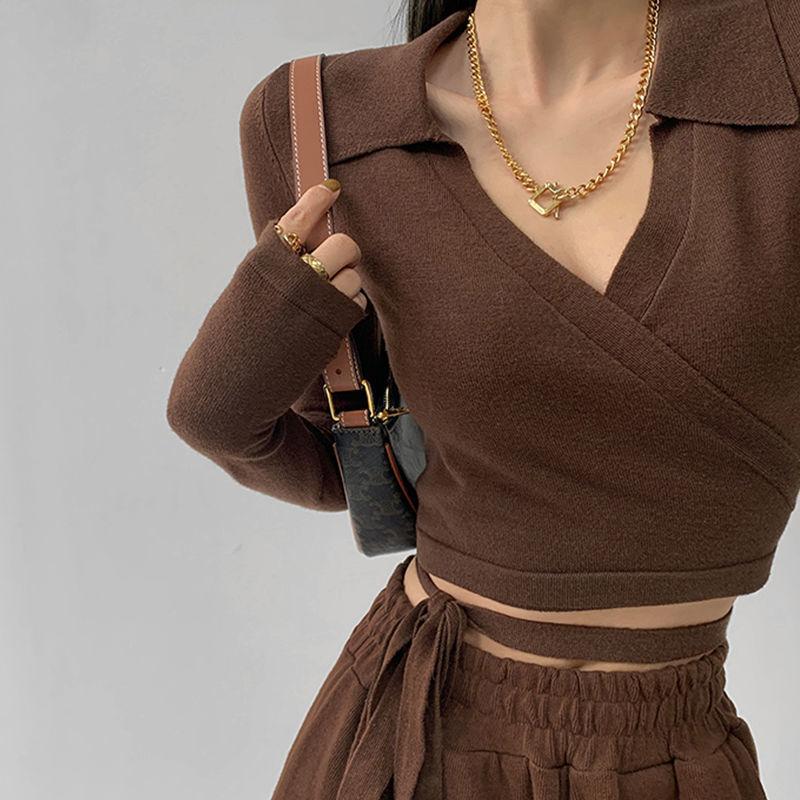 WTEMPO Рубашки-поло с перекрестной повязкой на талии для девочек, женские укороченные топы Y2K, женские весенне-осенние футболки с v-образным вырезом для фитнеса