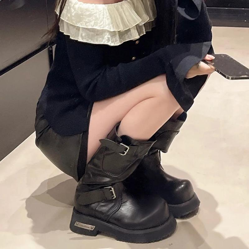 Модные женские панк мотоциклетные ботинки уличные черные с большим носком на платформе квадратные каблуки полусапоги с ремешком и пряжкой