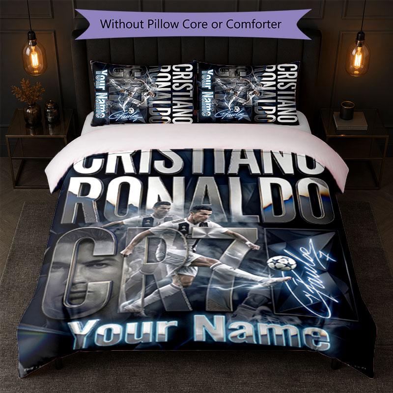 Cristiano Ronaldo Custom Name Text Bedding Set 1 Duvet Cover+2 Pillowcases Soccer Logo Personalized Gift For Special Occasion Bedroom Decor