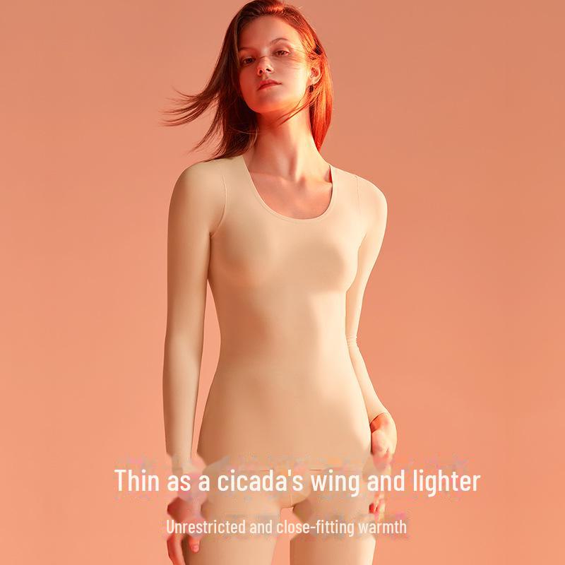 Женский ультратонкий бесшовный термобелье — телесного цвета, высокая эластичность, невидимое тепло, идеально подходит для осени и зимы.