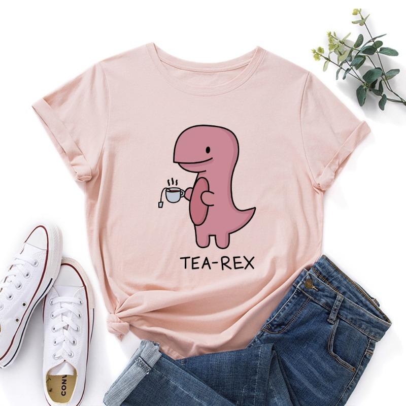 Summer Women's Pink Printed Dinosaur Pure Cotton Loose Round Neck Short Sleeved T-Shirts Women’s