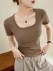 High Elastic Threaded Cotton 2024 Summer New Style Versatile T-shirt Women's Short-sleeved Top Square Collar Bottoming Shirt