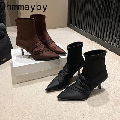 Мода 2024 Новые осенне-зимние женские ботильоны Модные туфли без застежек на тонком высоком каблуке Женские короткие ботильоны Morder