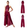Women Lyrical Dance Unitard Glitter Rhinestone Halter Backless Sheer Waist Tight Pants Mesh Layer Jumpsuit Flowing Dancewear for Stage Performance