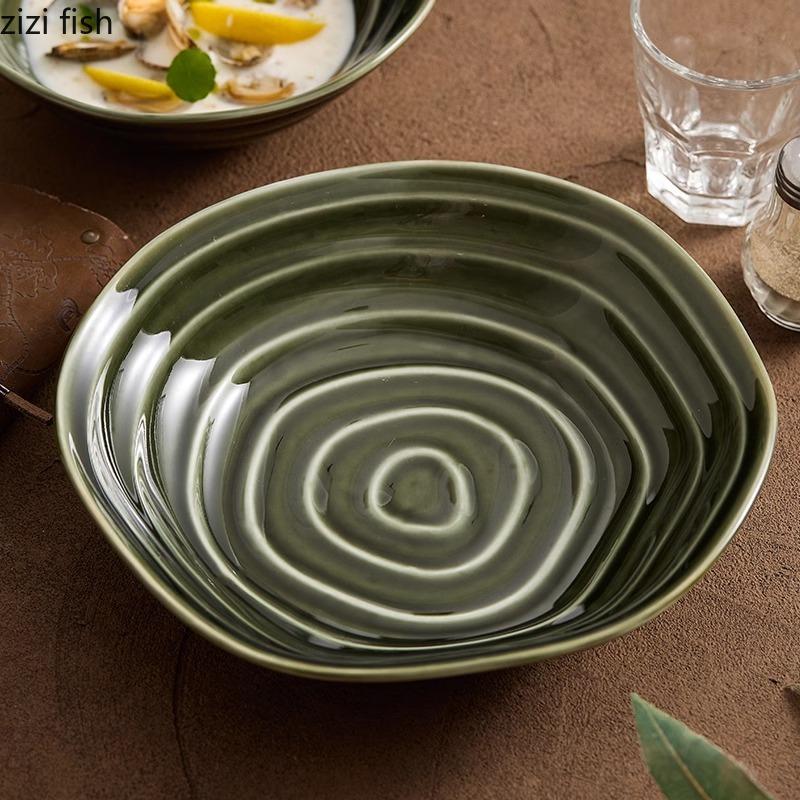 Салатница с неровной текстурой из керамической глины, зеленая толстая суповая миска, миска для завтрака, десертные миски, цветная подглазурная посуда