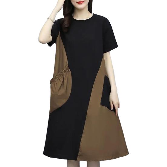 Женское платье миди с круглым вырезом и коротким рукавом, свободное летнее платье с карманами, цвет пэчворк, легкое повседневное платье