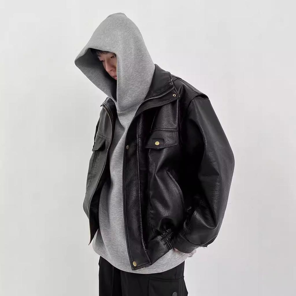 Винтажная мотоциклетная кожаная куртка для мужчин в американском стиле из искусственной кожи PU, утолщенная, укороченная, весна-осень, модная, высокого класса