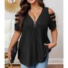 Summer Women's T-Shirt Solid Colour Strapless Zip V-Neck Short Sleeve Top