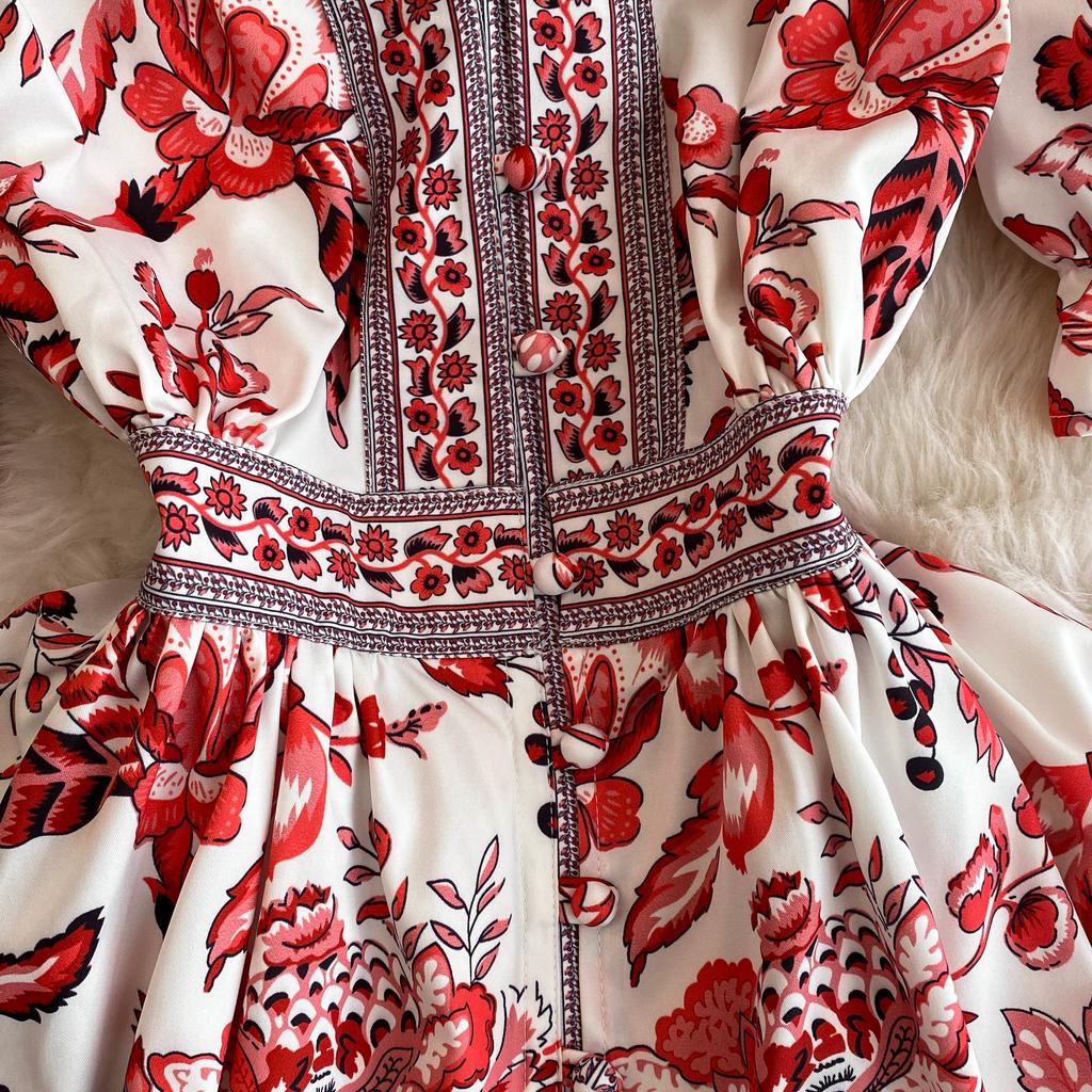 Летнее женское дизайнерское винтажное платье с принтом, элегантное однобортное вечернее платье с v-образным вырезом