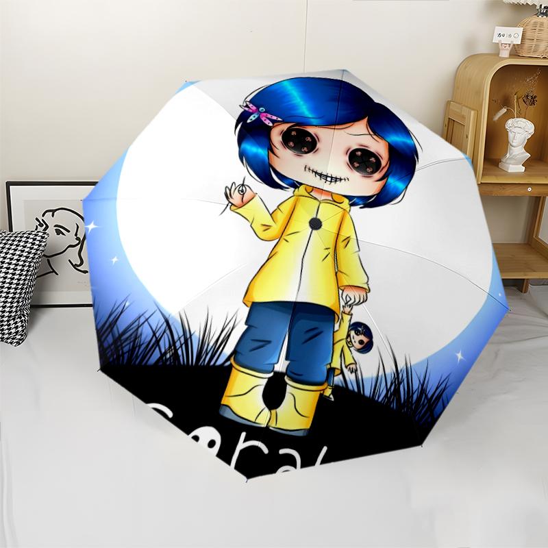 Coraline Print Automatic Umbrella, 8 Rib Iron Frame, Plastic Handle, Suitable for Outdoor Travel &Daily , Ideal Gift