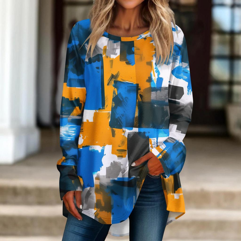 Women's Casual  Plus Size Long Sleeved Round Neck Printed T-shirt Top Pullover